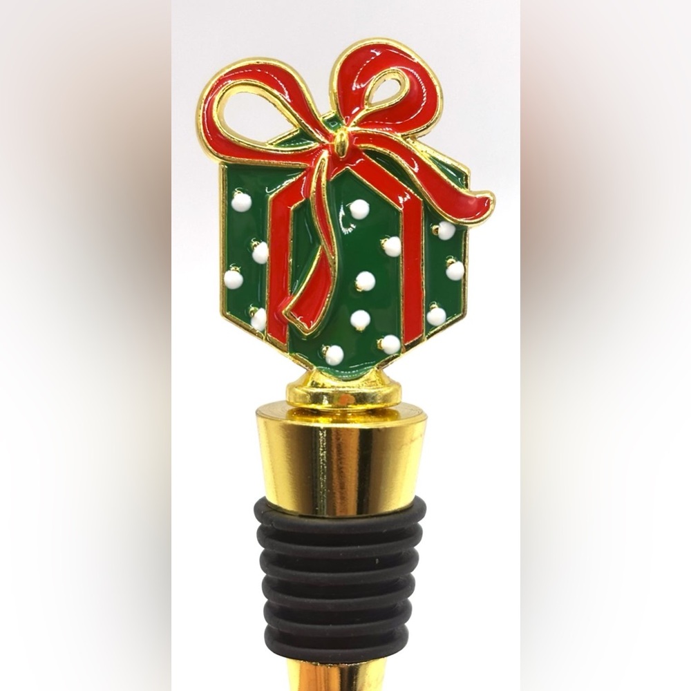 4" Whimsical Wrapped Polka Dot Christmas Gift Present w/ Bow Wine Bottle Stopper